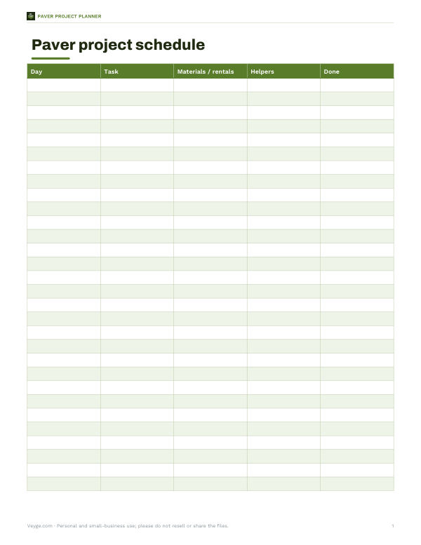 Preview of Printable Paver Project Schedule